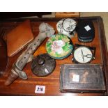 A quantity of collectables, including candlesticks, boxes, a tray, a desk calendar,