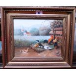 Francis (late 20th century), Ducks and chickens, oil on panel, signed, 19cm x 25cm.