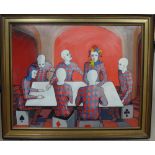 Continental School (late 20th century), Harlequins seated at a table, oil on board, 75cm x 94cm.