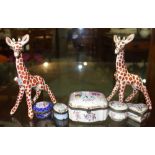 A group of porcelain trinket boxes and two ceramic giraffes (qty).