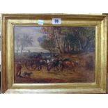 English School (19th century), Horses and cart in a clearing, oil on canvas, 21cm x 30cm.