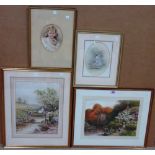A group of four watercolours, including a view of a cottage signed R.