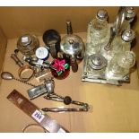 A quantity of silver plate and collectables, comprising; a plated six bottle cruet stand,