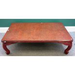 An early 20th century Tsugaru lacquer rectangular low table, 90cm x 122cm.