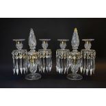A pair of Regency twin branch cut glass and gilt metal candelabra, with hobnail decoration,