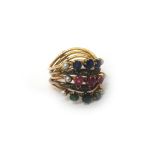 A gold, rose diamond, sapphire, ruby, emerald and seed pearl set ring,