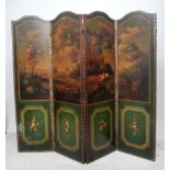 A Victorian arch top four fold screen painted with hunting/hare coursing scene,