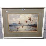 John Cyril Harrison (1898-1985), Ducks in flight, watercolour, signed, 29cm x 46.5cm.