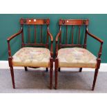 A pair of Regency mahogany and satinwood open armchairs, on fluted supports,