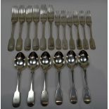 A Victorian silver fiddle pattern part table service, comprising; six table forks, London 1888,