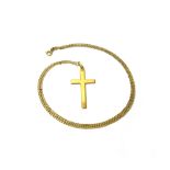 A gold plain pendant cross, detailed indistinctly 750, with a gold curb link neckchain,