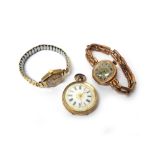 A lady's gold cased, keyless wind, openfaced fob watch, with a cylinder movement,