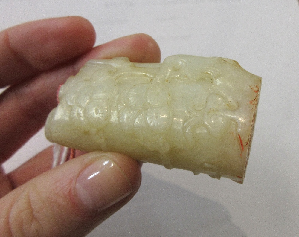 A Chinese white jade seal, 19th/20th, carved with a pine tree and flowering prunus, - Image 6 of 7