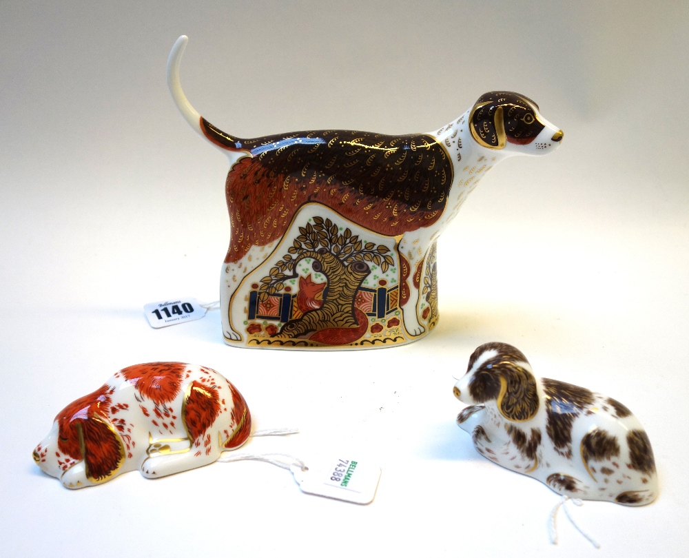 Three Royal Crown Derby Imari paperweights, comprising; a foxhound by John Ablitt,