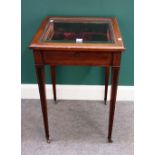 An Edwardian inlaid mahogany square bijouterie table, 50cm wide x 75cm high.