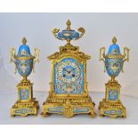 A late 19th century French gilt metal and turquoise porcelain clock garniture,