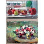 Russian School (20th century), A group of four still life subjects, oil on card, all unframed,