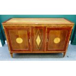 A large 18th century style inlaid satinwood and tulip wood banded gilt metal mounted commode,