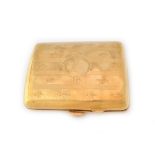 A 9ct gold curved rectangular cigarette case, decorated with engine turned bands and Fleur De Lys,