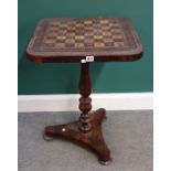 A Victorian rosewood and walnut games occasional table, with painted chess board top,