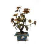 A Chinese hardstone mounted model of a tree in a blue ground cloisonné jardiniere,