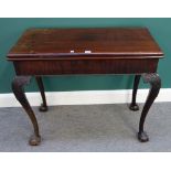 A George III rectangular mahogany card table on claw and ball feet, 87cm wide x 74cm high.