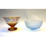 A Bohemian cut glass pedestal bowl, late 19th century, foliate engraved with coloured glass panels,