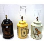 Three modern tôle peinte table lamps, each of circular tea canister form,