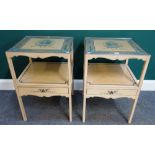 A pair of neo-classical painted square two tier bedside tables, with single drawer,