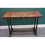 A 19th century birch rectangular table top with wavy frieze on associated pierced base,