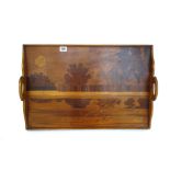 A Gallé two handled serving tray, early 20th century, marquetry inlaid with a riverscape scene,