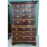 A George III burr oak banded oak chest on chest, of two short and six long graduated drawers,