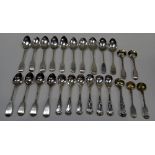 Silver flatware, comprising; three single struck stylised King's pattern Scottish mustard spoons,
