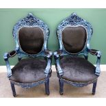 A pair of 20th century blue painted open armchairs of Louis XV style,