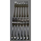 Six silver Old English pattern dessert forks,