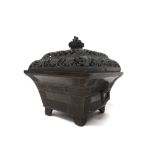 A Chinese bronze censer and pierced cover, 19th/20th century, of square section,