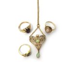 A gold, opal and seed pearl set pendant, with pierced decoration detailed 9 CT, with a neckchain,