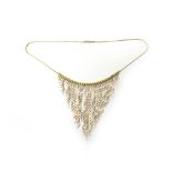 A two colour gold fringe necklace, the front in a beaded design, with graduated pendant chains,