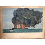 Charles Pears (1873-1958), Dutch Bomber sets fire to German oil tanker, oil on canvas laid down,