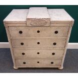 A 19th century Dutch step top white painted chest of four long graduated drawers on bun feet,
