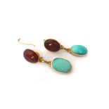 A pair of gold, turquoise and cornelian set earrings,