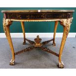 A George II style black lacquer chinoiserie decorated parcel gilt circular centre table,