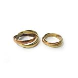 Two 9ct three colour gold triple band Russian style wedding rings, sizes Q and K and a half,