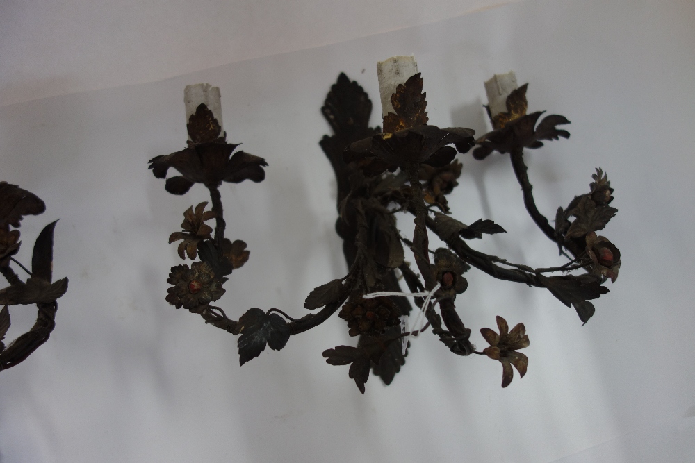 A pair of North Italian tôle peinte three branch wall lights, 19th century, - Image 2 of 2