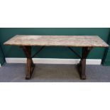 A tavern table, the rectangular bleached oak top on painted 'X' frame supports, 172cm x 52cm.