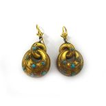 A pair of Victorian gold and turquoise set pendant earrings, each in a graduated hoop shaped design,