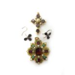 A foil backed garnet, turquoise and cultured pearl set pendant brooch, circa 1840,