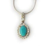 A white gold, turquoise and diamond set oval cluster pendant,
