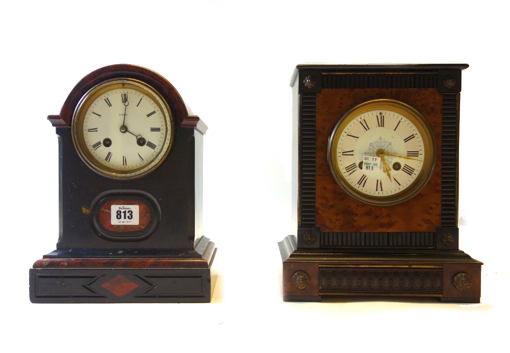 A Victorian black slate cased mantel clock,