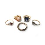 A gold, synthetic sapphire and rose diamond set rectangular cluster ring, a 9ct gold ring,
